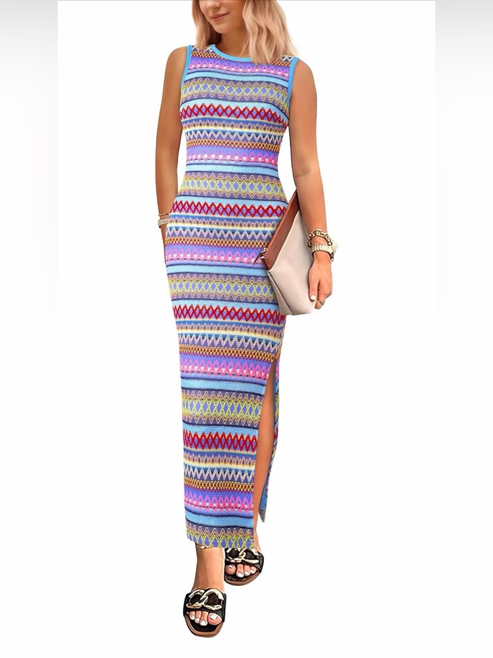 A586 Striped Multicolor LARGE  Maxi Skirt with Side Slit NWT